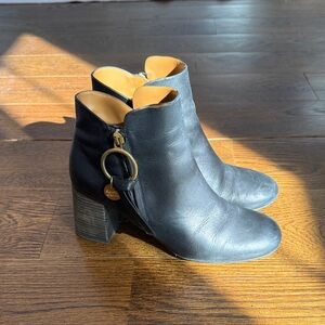 See By Chloe Louise Round Toe Leather Ankle Booties with Gold Accent